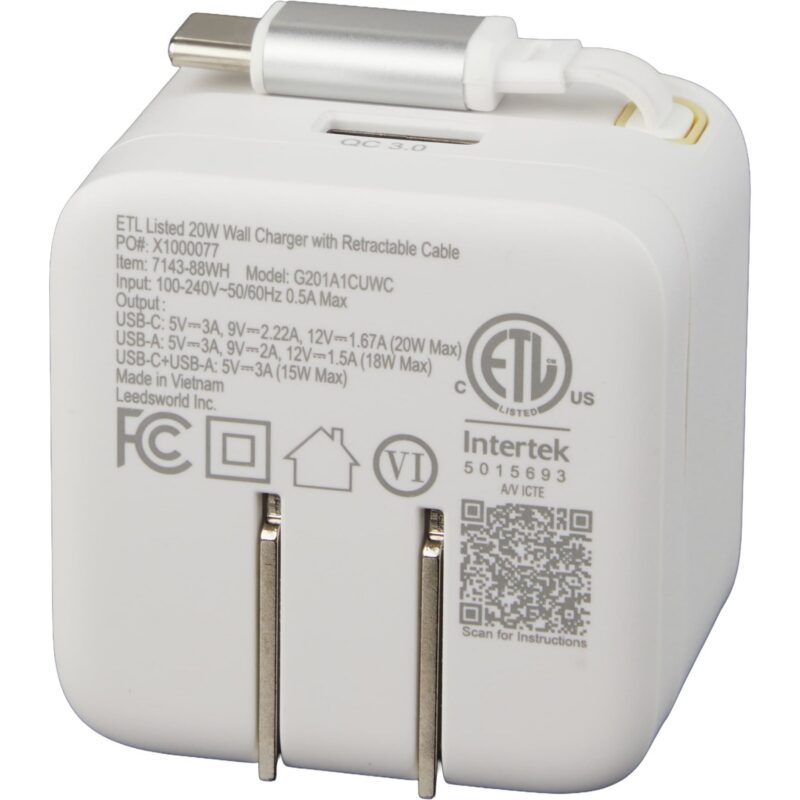 ETL Listed 20W Wall Charger with Retractable Cable - 8