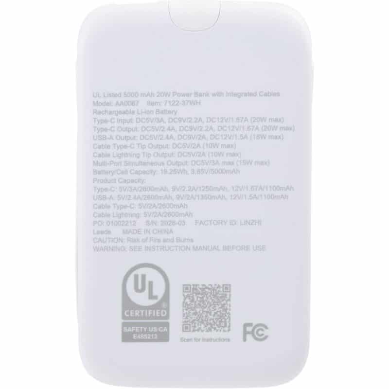 UL Listed 5000 20W Power Bank with Integrated Cabl - 6